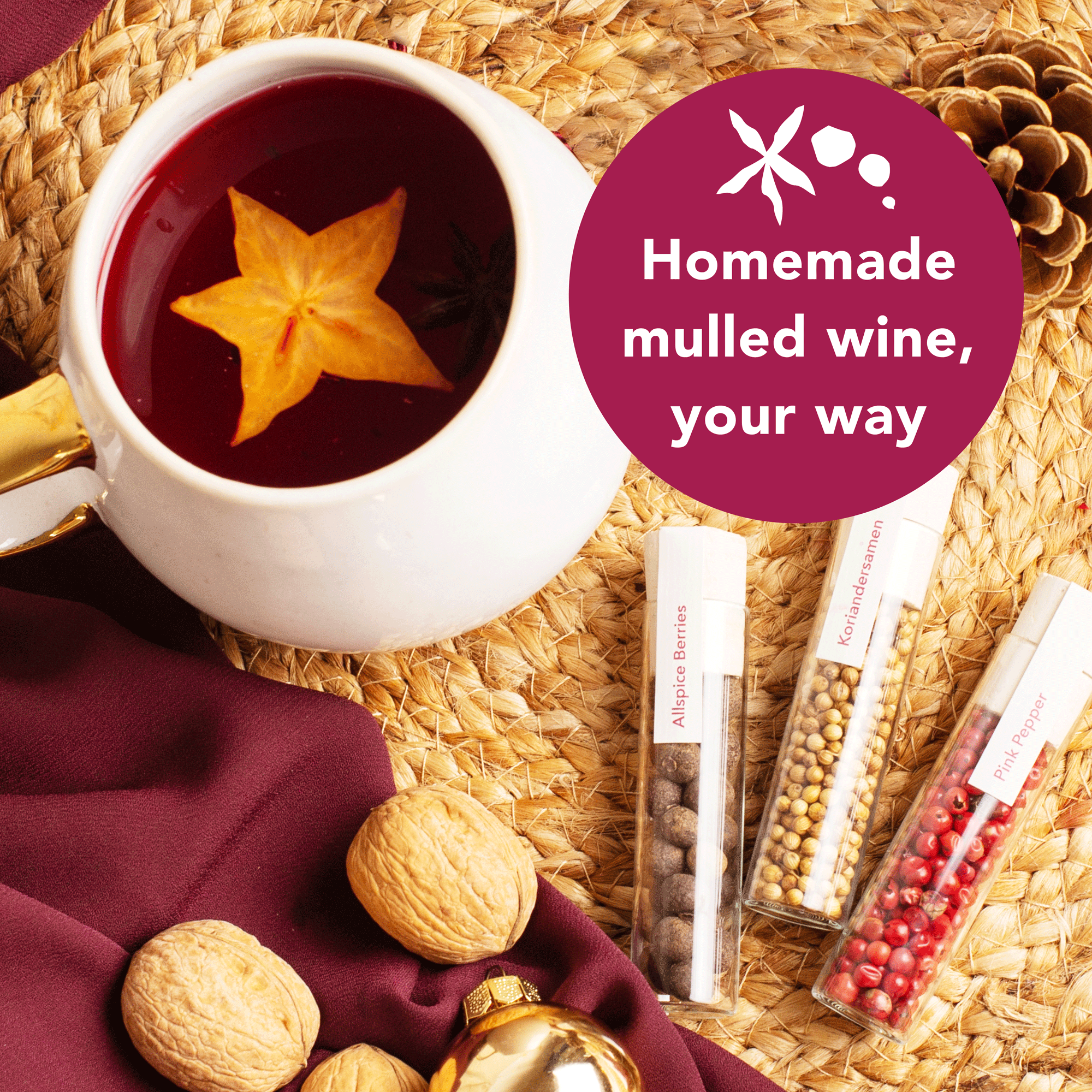 Craftly Mulled Wine Kit | Seasonal Spiced Wine Mix for Warm or Chilled Cocktails | Spice Gift Set for men, women